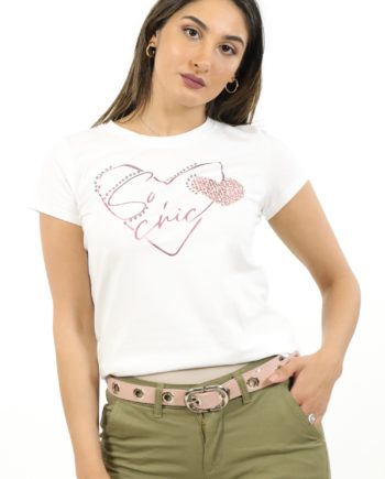 T-Shirt in Cotone Elasticizzato con Stampa Cuore - Colore Rosa